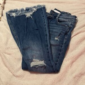 Frayed Hem Boot Cut Jeans in Deep Blue